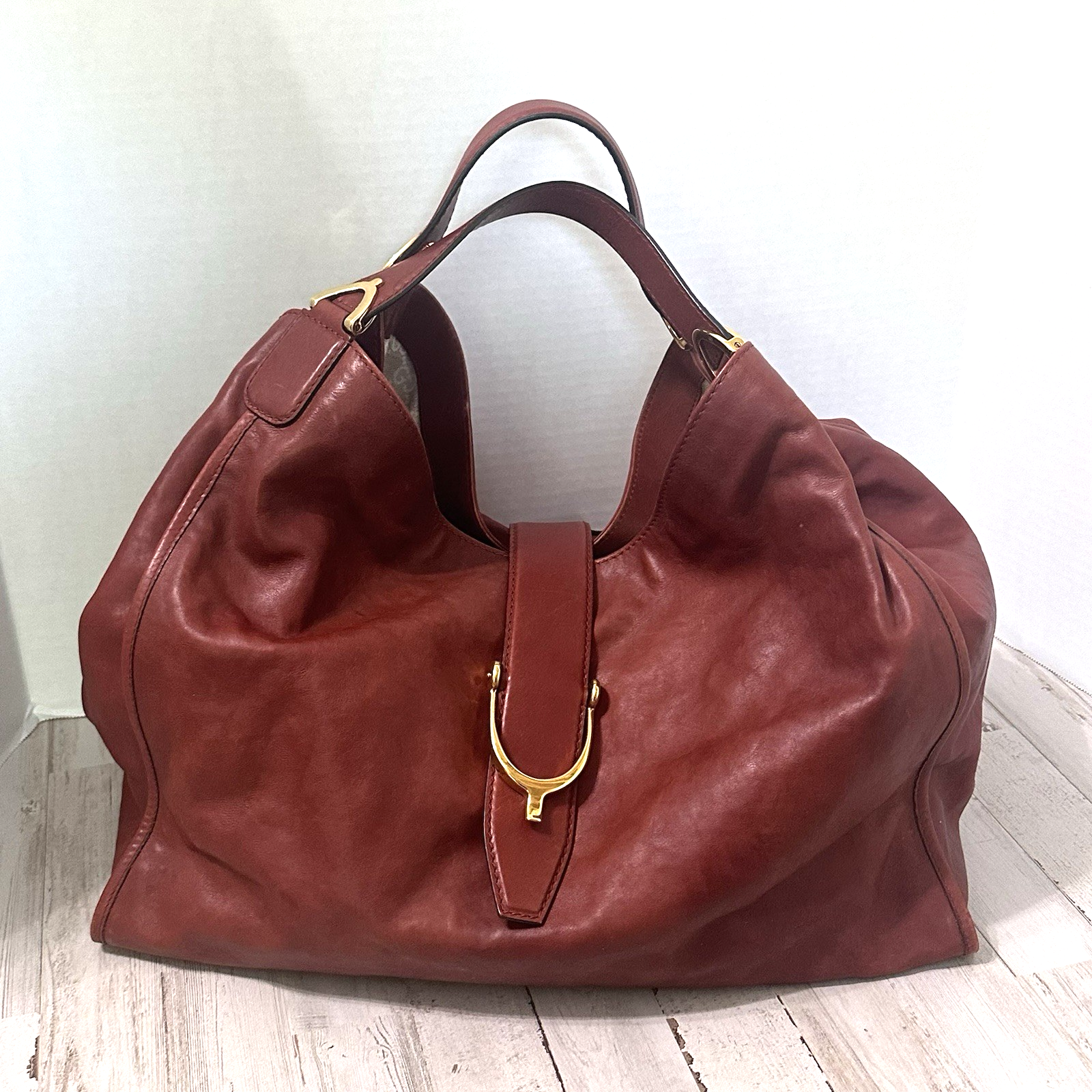 Gucci Horsebit Soft Stirrup Nubuck Leather Brown Tote Bag 296855