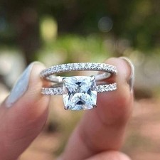 3CTW Cushion Cut Lab Created Diamond Wedding Bridal Ring 14K White Gold Plated