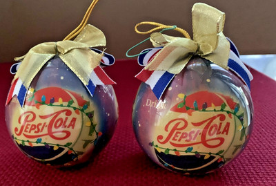 2- 1997 MATRIX PEPSI-COLA BALL CHRISTMAS ORNAMENTS, LIGHTS DESIGN & PEPSI CAP