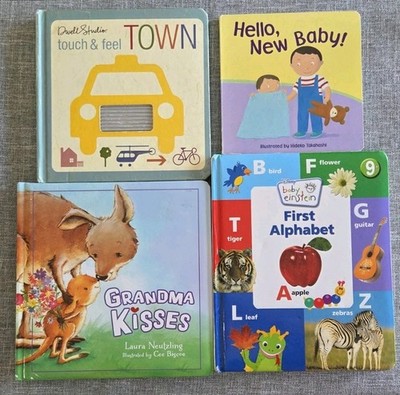 Lot of 4 Baby Board Books-Grandma's Kisses, First Alphabet, Touch&Feel, New Baby