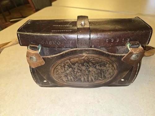 Leather Civil War Reenactment Cartridge Box Bag Embossed Military Scene Strap