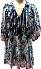 Umgee Small Boho Floral Print Babydoll Tunic Dress Black Pink Teal