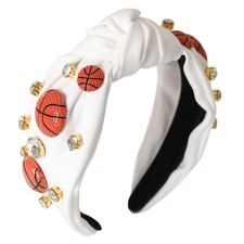 Basketball Knotted Headband Women Crystal Rhinestone Jeweled White Hairband