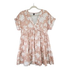 Shein Mini Dress S Beige White Floral Empire Waist Babydoll Fairy Cottage Boho