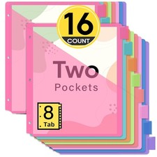 16 Count Dividers for 3 Ring Binder with Two Pockets, 8 Tabs Set