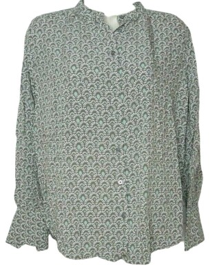 Women's Loft Outlet Gray Green Print Top Size XS Button Front Stand Collar Rayon