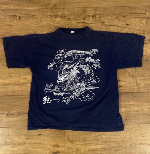 Vintage 90er Jahre chinesisches Drachenhemd Erwachsene mittelblau Grunge kurzärmelig