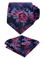 Mens 3.15inches Rose Flower Pattern Tie with Floral Printed Pocket Square Set...