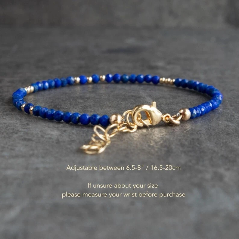 A++ Natural Lapis Lazuli Faceted Round Gemstone Gold Filled Beads 6-8" Bracelet - Image 2 of 4