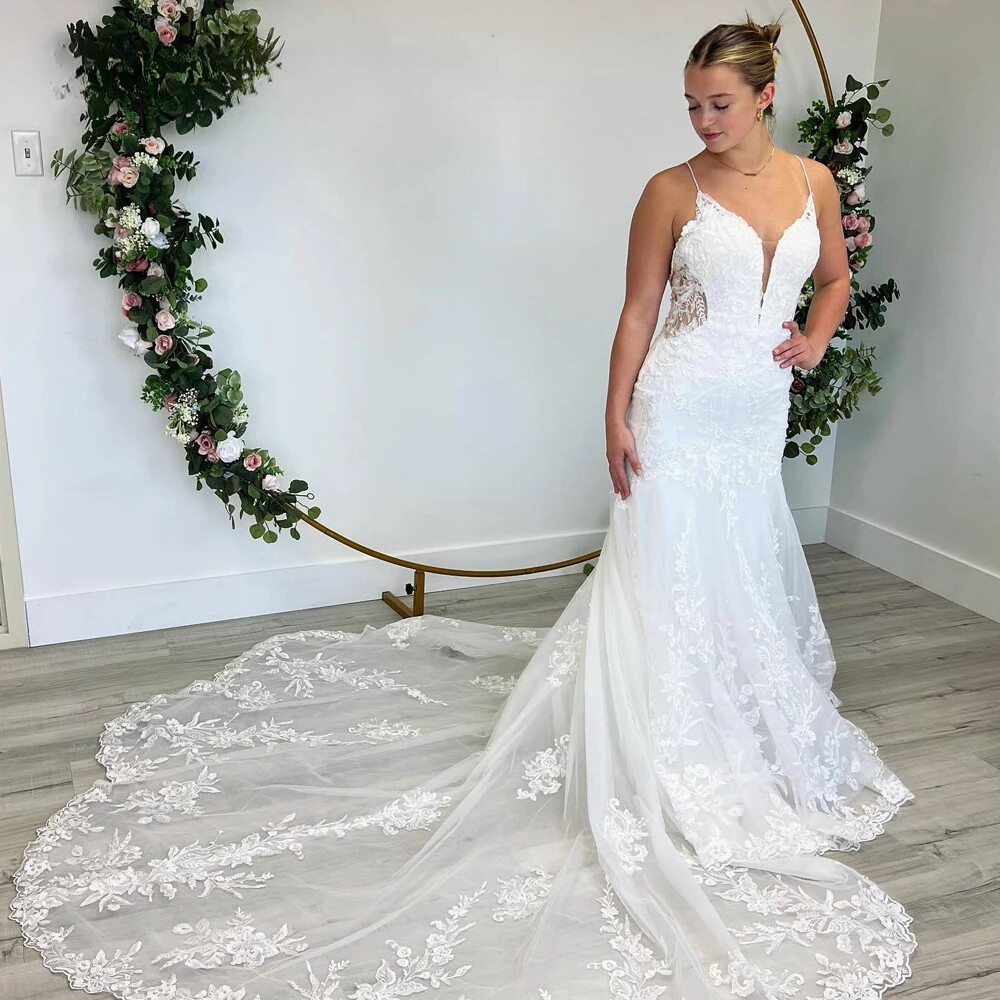Exquisite Wedding Dresses V Neck Lace Applique Mermaid Spaghetti Strap Gowns  | eBay
