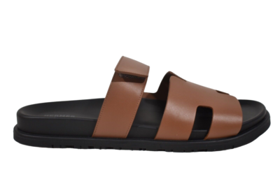 Hermes Chypre Sandal Men Black Brown Leather H Logo Slide  display picture 1