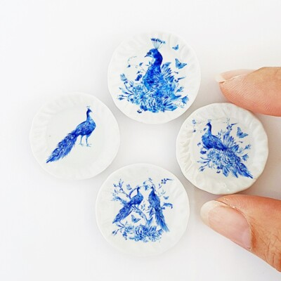 Blue Peacock Ceramic Plates Miniatures Dollhouse 1/12 Scale Kitchen Accessories