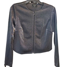 NEW 118 T Tahari Jacket Party Sz S Shimmer Gunmetal Black/Silver Zip Front Crop