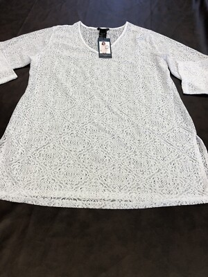 White Lace Semi Sheer Mario Serrani V-Neck Swim Beach Cover Up XL Swimsuit 16/18