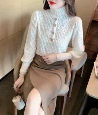 Cardigan Maglia Top Pullover Collo Alto Morbido Maglione Bianco