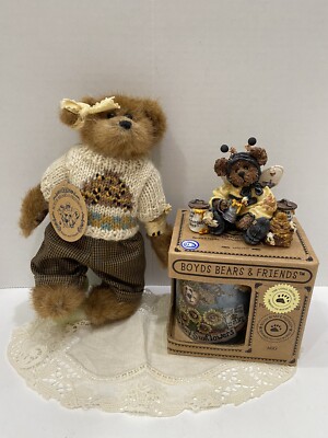 Vintage Boyds Bears Edmund T Bear Plush, Mug & Figurine Honey Bee Sunflower Lot