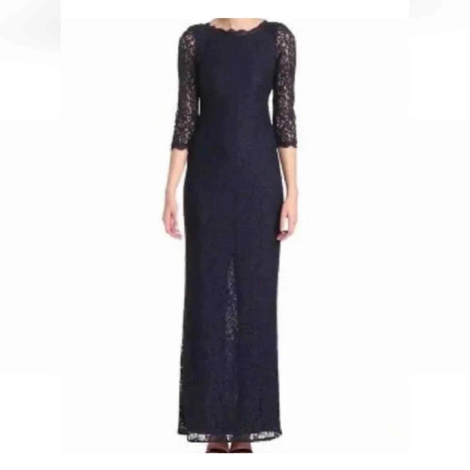 ADRIANNA PAPELL Navy Blue Floral Lace 3/4 Sleeve Evening Gown Maxi Dress Size 4 - Image 2 of 4