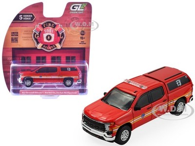 2023 CHEVROLET SILVERADO PICKUP W/CAMPER SHELL ''FDNY'' 1/64 BY GREENLIGHT 67070 E