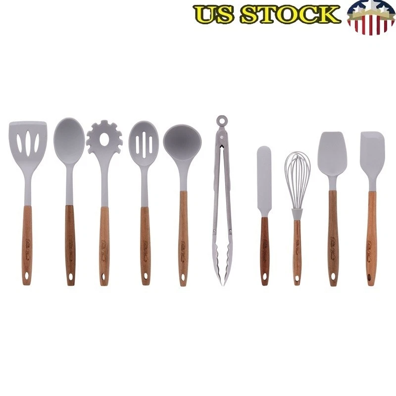 10 Piece Silicone Cooking Utensils Set Nonstick Safe Acacia Wood Handle Tools US