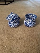 blue and white enamelware sugar and creamer set