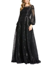 Mac Duggal Encrusted Illusion Long Sleeve A Line Gown Women's