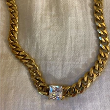 Stainless Steel Gold Plated Chunky Necklace with Princess Cut Crystal