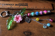 Keychain - Handcrafted - Pink Flower, Unique Pretty Beads Faux pearls/charms