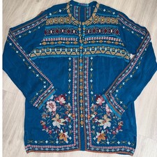 Johnny Was Teal Blue Embroidered Silk Tunic Top Bohemian Floral Button Front S