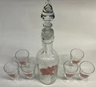 VINTAGE FEDERAL DANCING PINK ELEPHANTS CORDIAL DECANTER & GLASSES BARWARE SET 6