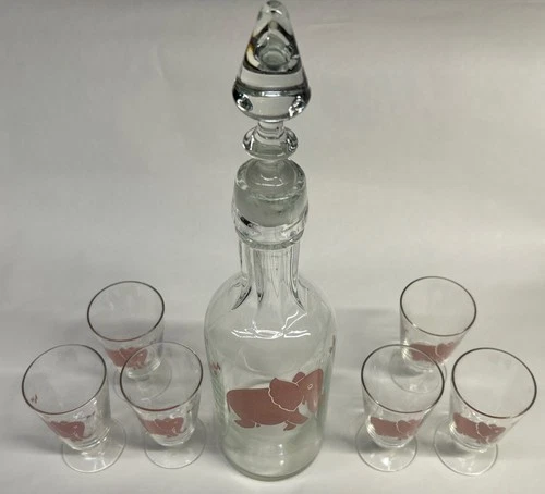 VINTAGE FEDERAL DANCING PINK ELEPHANTS CORDIAL DECANTER & GLASSES BARWARE SET 6