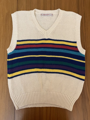Vintage Women's M Knit Sweater Vest V-Neck Sleeveless Striped Ribbed Beige