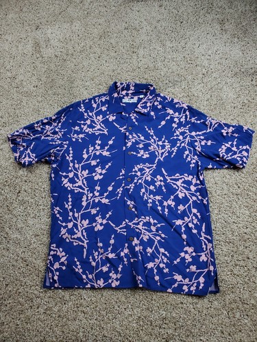 Uniqlo Open Collar Shirt Medium Mens Blue Cherry Blossom Button Up Rayon