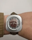 Vintage 1970s Timex Water Resistant Manual Watch 36mm Brown Dial Date Leather