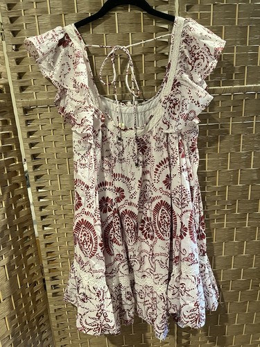 Anthropologie White/Red Floral Scoop Neck Flutter Sleeve Mini Dress M NWT