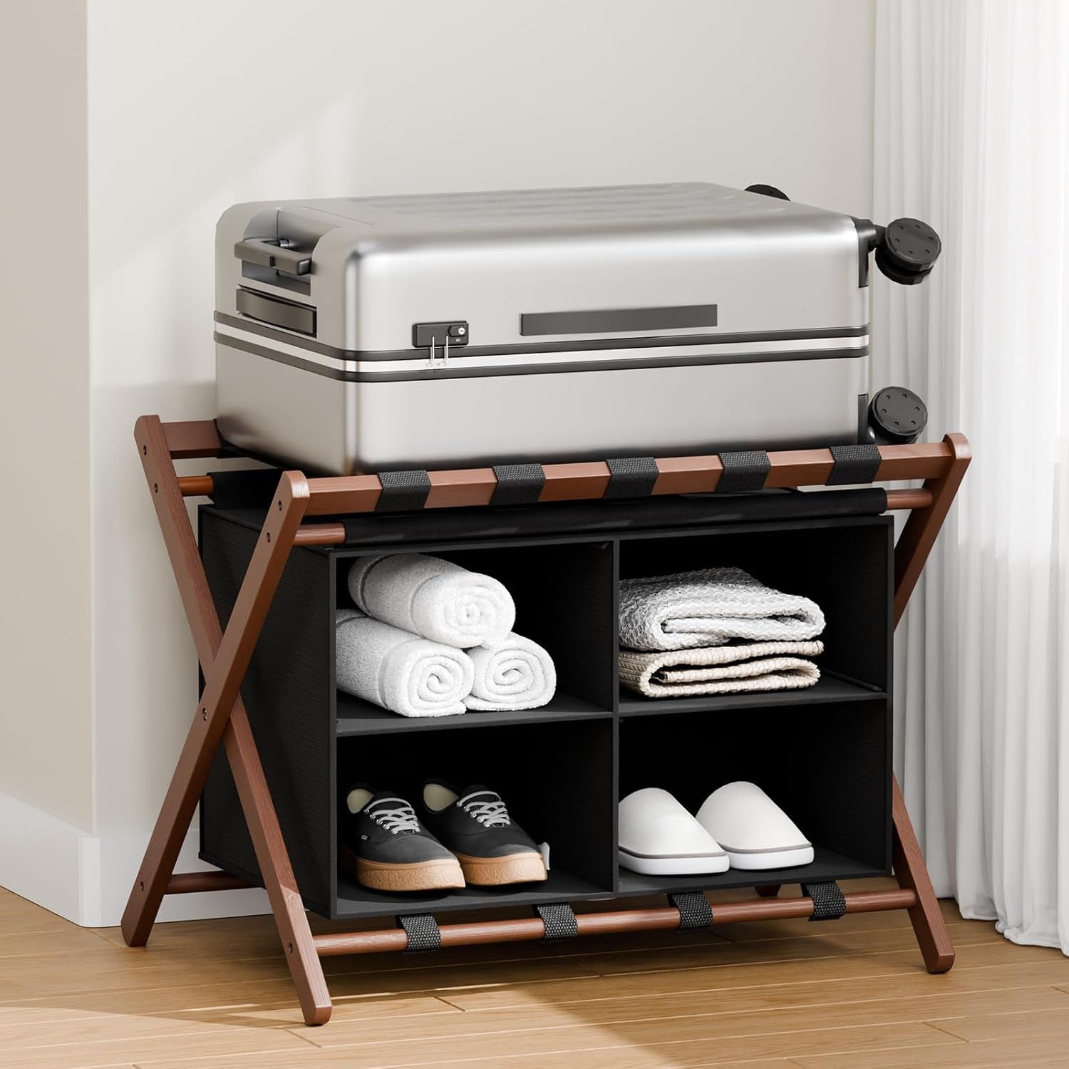 Bamboo Luggage Rack Foldable Suitcase Stand with 4 Storage Compartments