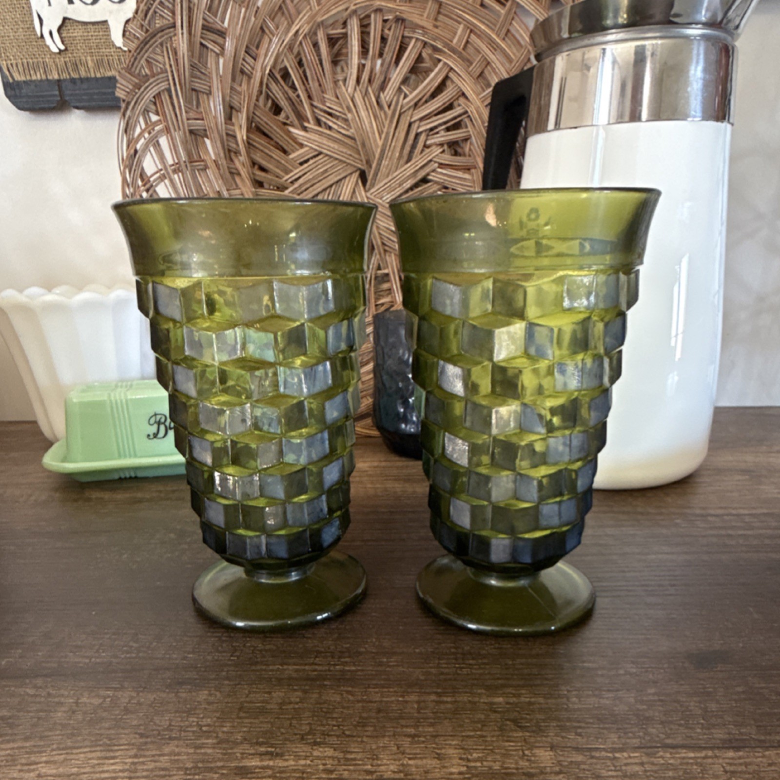 Indiana Glass Co Pressed Glass Green Tumbler Set of 2 Round Glossy Drinkware