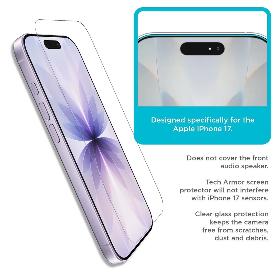 Tech Armor para Apple iPhone 17 Protector de pantalla de vidrio Vidrio 6,3 pulgadas Paquete de 3 Foto 2 de 4