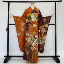 Furisode 6-piece set Japanese Kimono Orange Classic floral Free shipping S-197