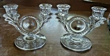 VTG SET OF 2 CLEAR GLASS DOUBLE CANDLE STICK HOLDERS ETCHED BASE 5 3/4" T