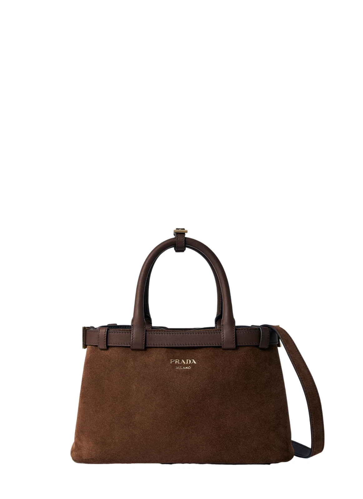 PRADA Buckle Small Cocoa Brown Suede With Belt Handbag New And Authentic