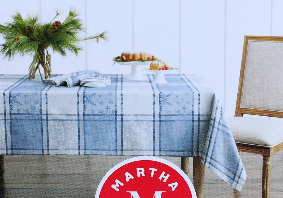 Christmas Fabric Tablecloth Blue Plaid Snowflakes Cotton Blend 60x120 Martha Ste - Image 2 of 4