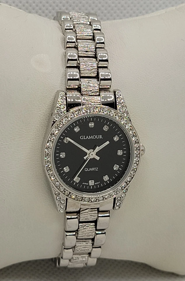 Дамы гламур круглый мощеный серебристого тона черный циферблат ссылка браслет аналоговые часы J2 - Изображение 3 из 4