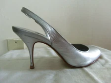 Cathy Jean Silver Leather Peep-Toe Heels, Brazil Size 7