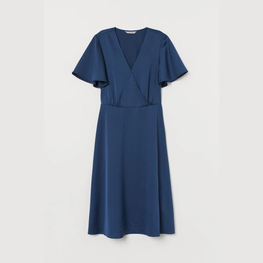 H M Women s Satin Wrap Midi Dress in Dark Blue Size 8 eBay