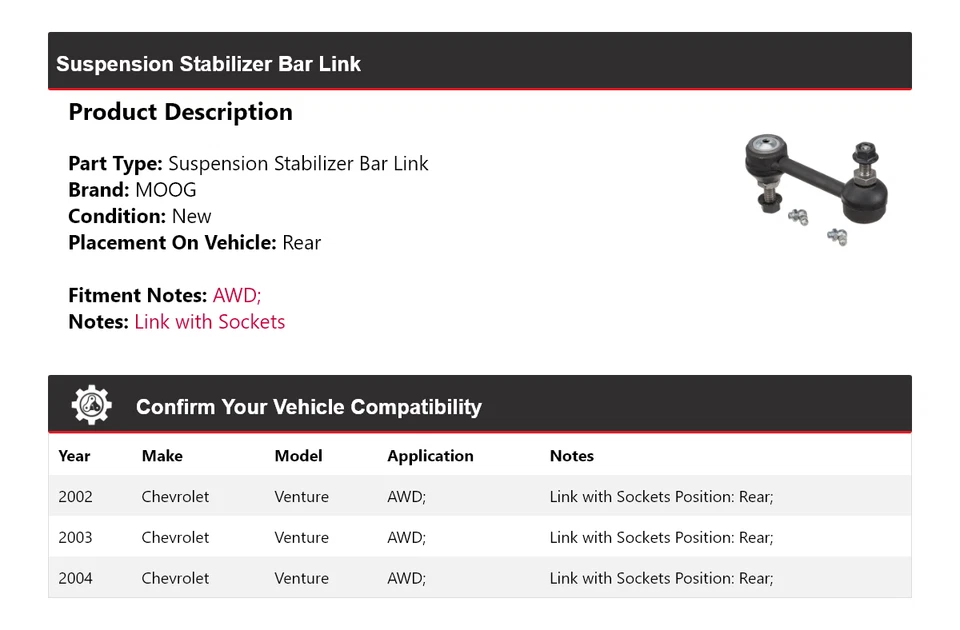 Стабилизатор подвески полный привод для Chevrolet Venture 2002-2004 годов выпуска звено задней подвески MOOG - Изображение 2 из 4