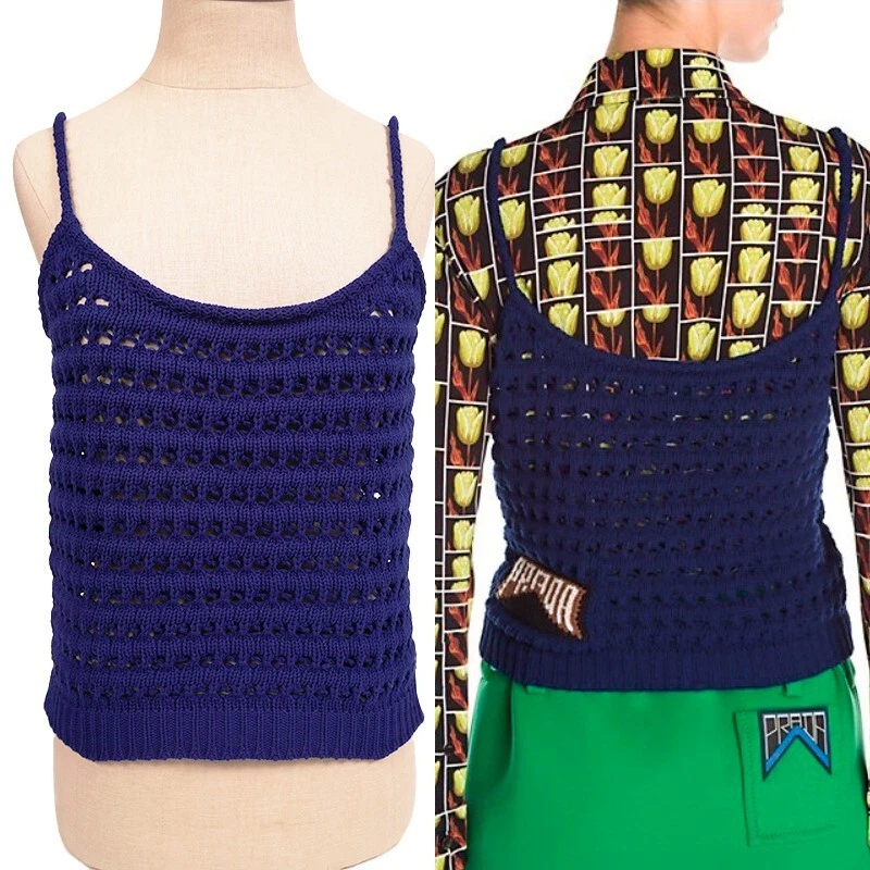 tg 38 NUOVO $1290 PRADA RUNWAY blu vivo maglia all'uncinetto Resort LOGO in TOP POSTERIORE XS