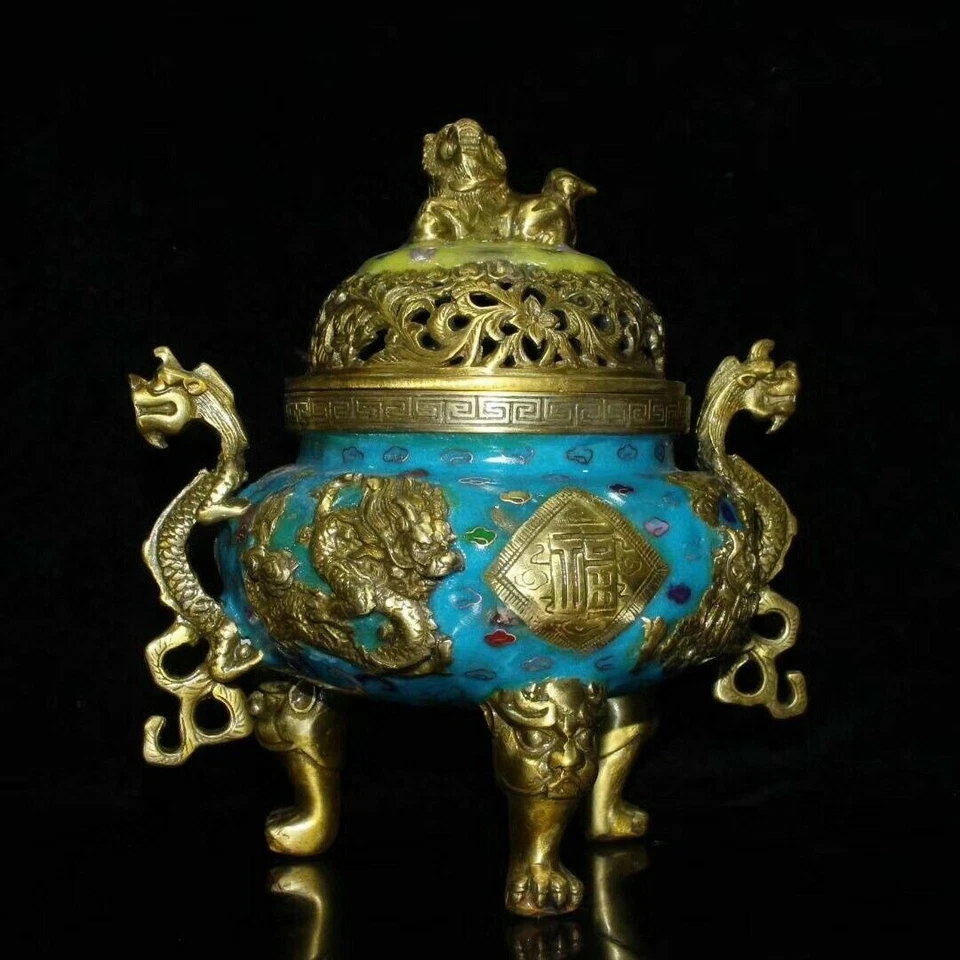 Quemador de incienso antiguo de China de 8" incensario Cloisonne quemador de incienso de latón antiguo Foto 4 de 4