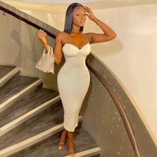 Womens Spagetti Strap Bodycon Elegant Midi Dress 