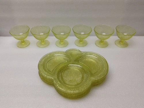 Uranium Depression Glass Cracky Canary LE Smith Snack Tray with Sherbet Set of 6