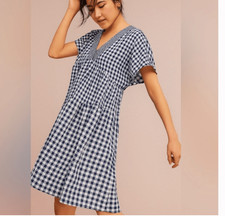 Anthropologie 138 11.1 Tylho Gingham Tunic Dress Navy White Pockets Large NEW